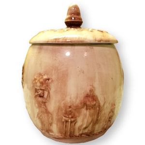 Vtg Coffee/Tea Food Canister Ceramic Old World Relief-Style Artistic